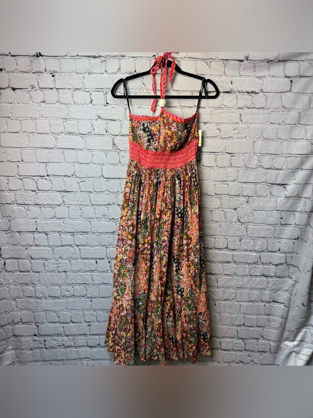 XOXO Y2K Boho Cotton Pink Orange Floral Halter Maxi Dress Smocked Waist Size M